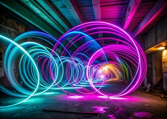 Mesmerizing neon light trails create a tunnel of color