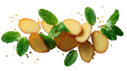 Fresh ginger slices with mint leaves on a white isolate background.