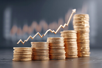 Stack of gold coins with rising arrow symbolizing financial growth