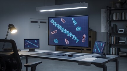 Naklejka premium Scientific research laboratory with molecular models displayed on screens desk computer