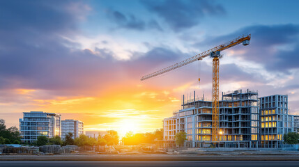 Naklejka premium Construction site at sunset with steel framework and crane