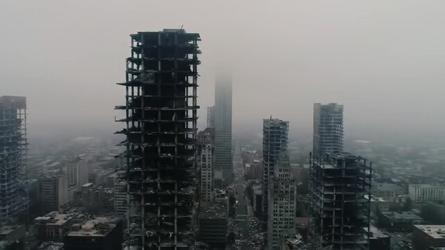 Aerial view of a devastated city