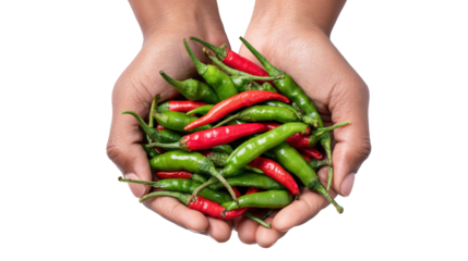 Freshly harvested green and red chilies held in hands against a white isolated background.