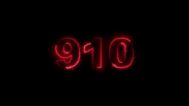 910 number countdown neon bright red color animation. black background 4k video.