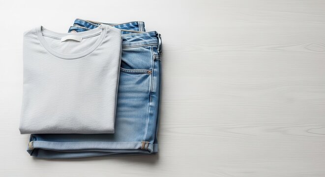 Casual White T Shirt and Blue Jeans Folded on Light Wooden Surface