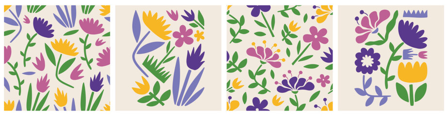 Fototapeta premium Doodle floral seamless pattern colorful set. Creative trendy flower collage or posters and floral pattern collection. Vintage cartoon hand drawn nature simple spring elements