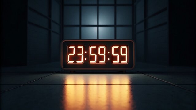 Digital clock displaying 23:59:59 in a dark room signaling the final second before midnight