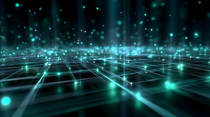 A glowing 3D network grid with teal and emerald green nodes in a dark environment. Floating light particles, depth of field, and soft god rays create a futuristic, digital atmosphere.