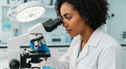 A female scientist looking through a microscope in a bright research laboratory