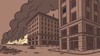 Illustration of city buildings with smoke and fire engulfing the street with debris scattered around