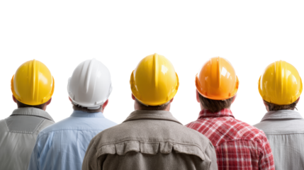 Group of construction workers wearing hard hats, viewed from behind, isolated on white background.