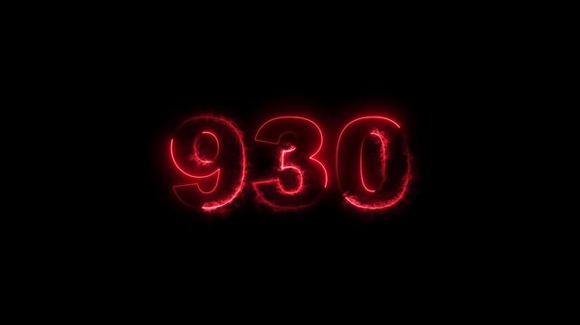 930 number countdown neon bright red color animation. black background 4k video.