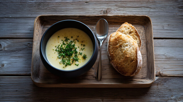 A flat lay of a simple but elegant solo meal at home. A flat lay of a simple yet elegant meal for one: a bowl of soup, a piece of crusty bread, and a glass of water on a minimalist place setting