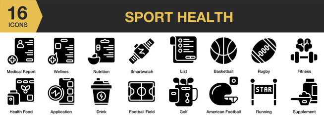 Sport Health solid icon set. Includes lifestyle, training, healthy, activity, athletic, and More. Solid icons vector collection.