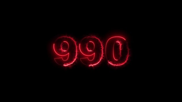 990 number countdown neon bright red color animation. black background 4k video.