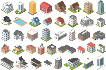 Seamless pattern of isometric house icons in urban and city design style