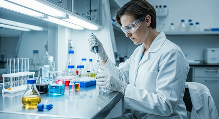 A female scientist in a sterile lab working with test tubes and other scientific equipment