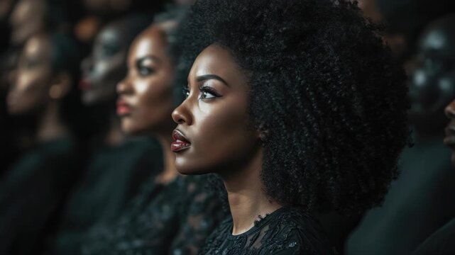 Portrait of a confident woman with black hair looking up into the crowd during an event or concert.