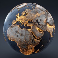 Image of A dark, stylized globe showcases Europe, Africa, and the Middle East, illuminated by glowing city lights, with textured landmasses and dark oceans printed on Printed Glass Splashbacks