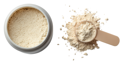 Powdered supplement in a container with scoop on white isolate background.