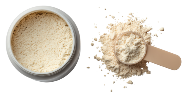 Powdered supplement in a container with scoop on white isolate background.