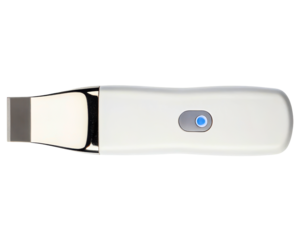 White handheld ultrasonic skin scrubber beauty device with blue button on a transparent background
