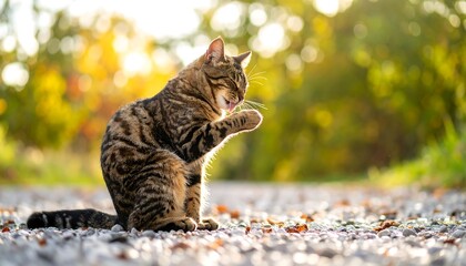 A tabby cat grooming itself outdoors (1)