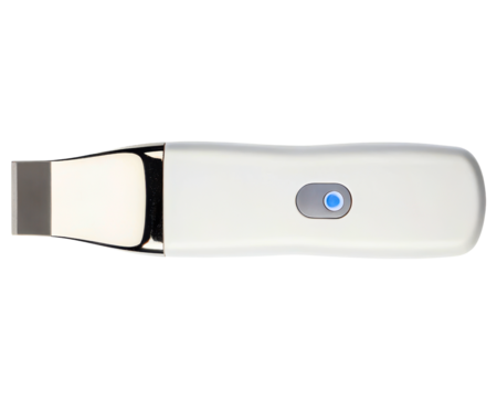 White handheld ultrasonic skin scrubber beauty device with blue button on a transparent background