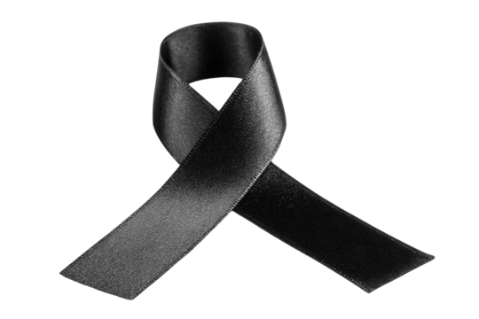 Black ribbon, symbolic of mourning or remembrance.  A dark, glossy ribbon, in the shape of a figure-eight, is centrally positioned on a solid black background, highlighting its smooth texture and form