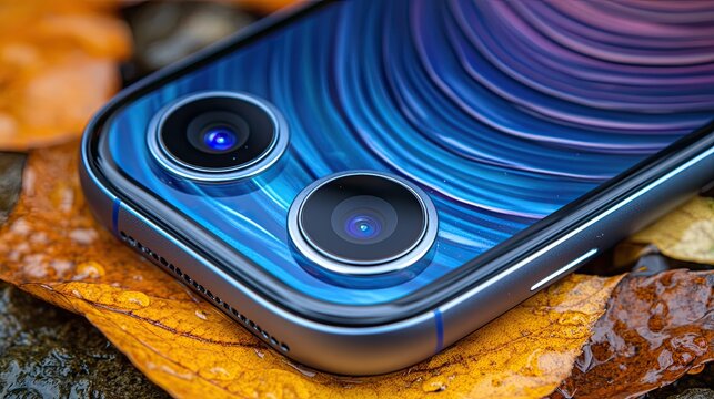 Macro Shot of Smartphone Camera Lenses on Autumn Leaves Showing Technology Innovation