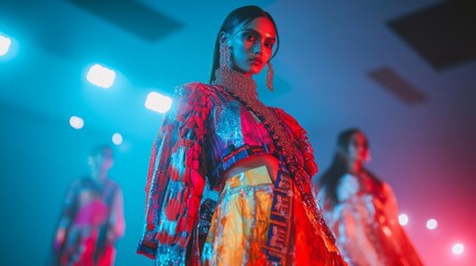 Fototapeta premium A stunning fashion runway moment featuring vibrant and colorful outfits. The model captivates with unique styling and striking poses. Dramatic lighting enhances the experience. Generative AI