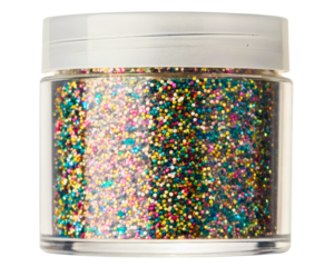 Clear plastic jar filled with colorful round craft beads and glitter on a transparent background
