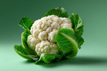 Fresh Cauliflower Head with Green Leaves on Green Background Still Life