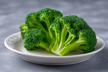 Fresh Green Broccoli Florets on White Plate Healthy Eating Concept