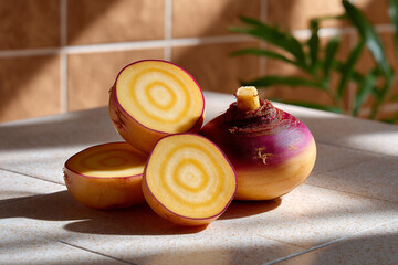 Golden Beet Still Life With Sliced Root Vegetable On Tile Surface