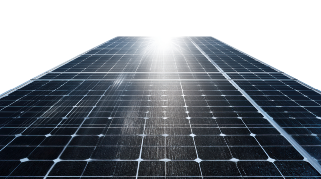 Solar panels reflecting sunlight, showcasing renewable energy technology on a clear day.