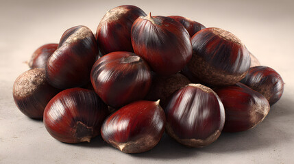 A close-up of a rustic pile of unhusked chestnuts, their smooth, dark brown shells reflecting subtle light on a textured surface.