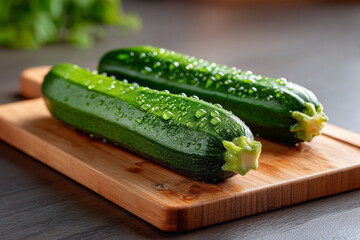 Fresh Zucchini With Water Droplets on Wooden Board Still Life