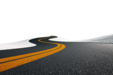 Winding asphalt road through snowy landscape.  Two yellow lines mark the center.  Perspective shot from road level.  Dark background