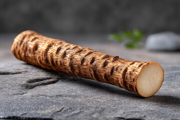 Fresh Burdock Root Vegetable on Stone Background Close Up