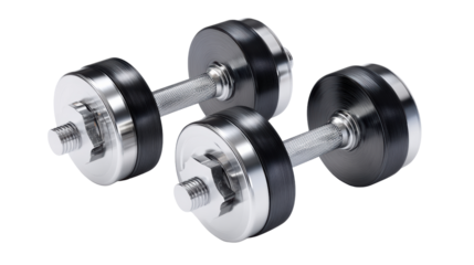 Two black and silver dumbbells isolated on white background, perfect for fitness and strength training imagery.