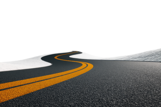 Winding asphalt road through snowy landscape.  Two yellow lines mark the center.  Perspective shot from road level.  Dark background