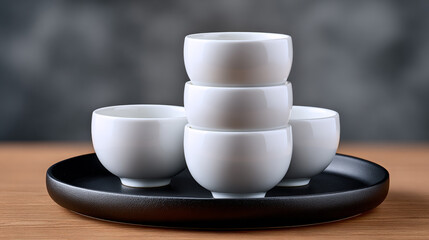Stack of White Ceramic Bowl on Black Plate Still Life Photography