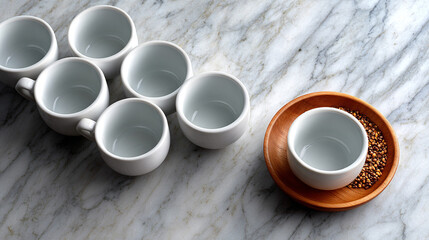 White Ceramic Cup And Buckwheat Seed On Marble Table Top View