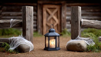 Spooky Halloween Lantern Decoration with Spiderweb on Rustic Wooden Fence
