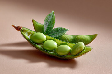 Fresh Edamame Pod with Green Leaves on Beige Background Still Life