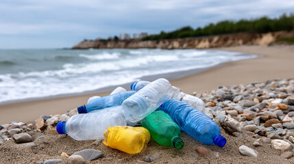 Plastic Bottle Pollution on Sandy Beach Ocean Coastline Environment Damage