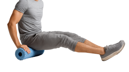 Young man using foam roller for muscle recovery, isolated on white background.
