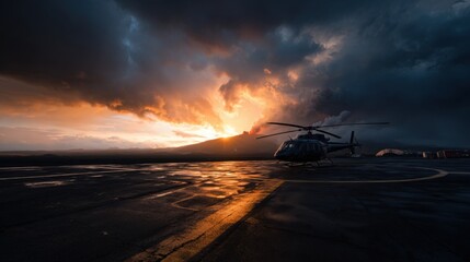 Surreal Sunset Over Helipad with Helicopter in Foreground