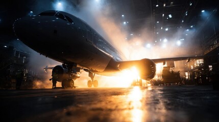Three Quarter View of Commercial Aircraft in Industrial Environment